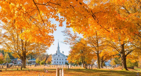 Photo of golden autumn in Hanover, Massachusetts cemetery.