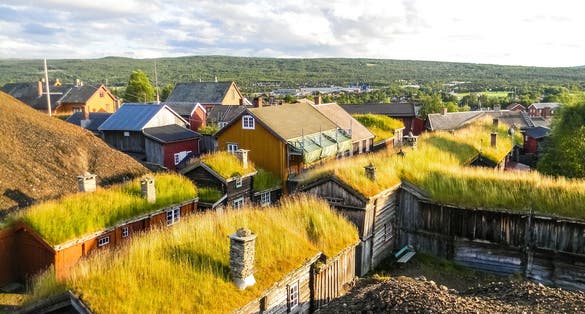 photo of view of Traditional wooden houses with peat on the roof in the village of Roros, Norway.