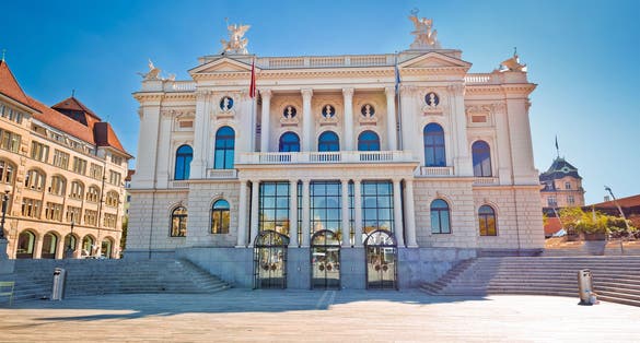 Photo of Zurich opera house and Sechselautenplatz town square view, largest city in Switzerland.