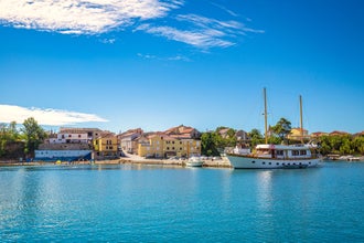 Harbor with docked boats in Privlaka village in the Zadar County of Croatia, Europe.