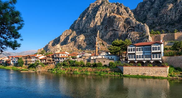 Photo of Ottoman houses and Pontic tomb in Amasya, Turkey.