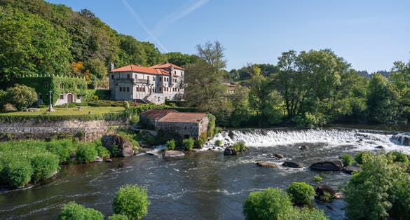 Photo of general plan of the beautiful village of Ponte Maceira, La Coruña, in Spain.