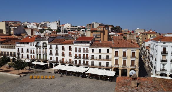 Cáceres, Spain,the Plaza Mayor of Cáceres , the old town of Cáceres. View from the town hall of the main square of Cáceres.