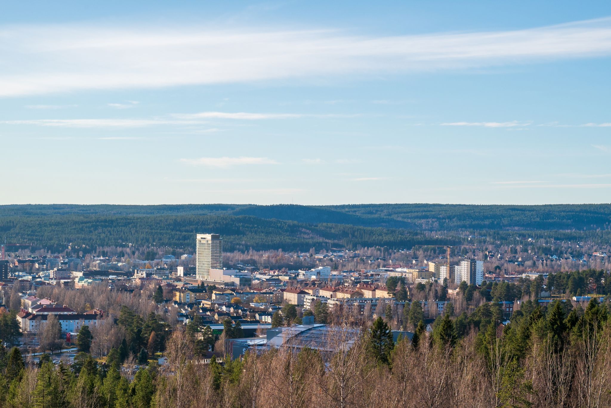 photo of view of View from vitberget over skellefteå city with the famous culture house built entirely in wood to the left in the picture
