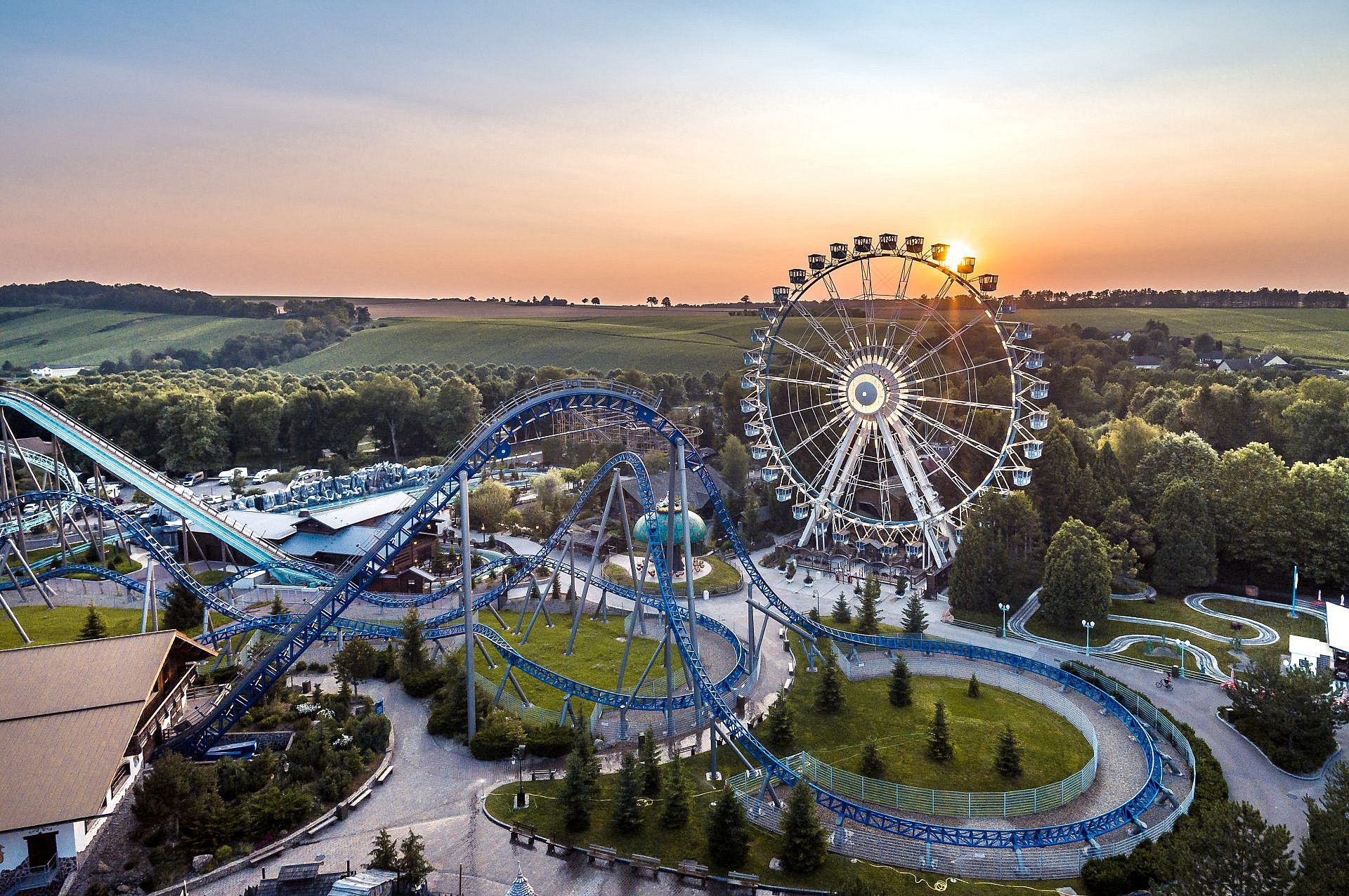 photo of an aerial view of Nigloland at beautiful sunset in Dolancourt, France.