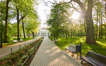photo of view of Alley in city park. Benches, floral decoration, bicycle road, trees, flowers, plants. Liepaja, Latvia. Summer landscape. Public places, urban planning, landscaping design, gardening, recreation themes