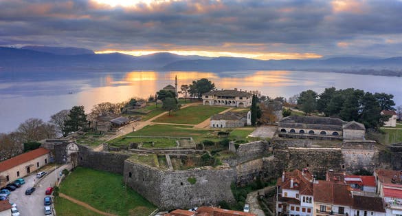 Photo of aerial view of Ioannina city with it's castle in Greece, Aslan Pasha Tzami, the lake with the island of Kyra Frosini or nissaki..
