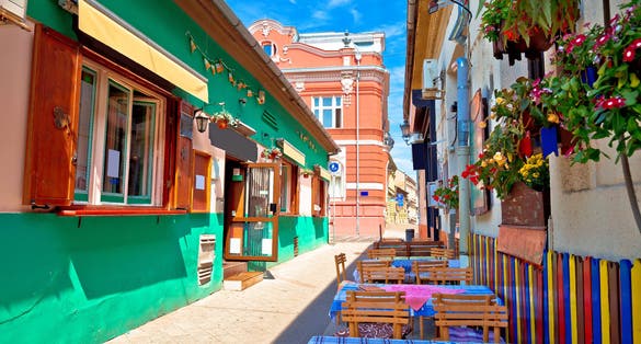 Photo of restaurant central street of Novi Sad summer view, Vojvodina region of Serbia.