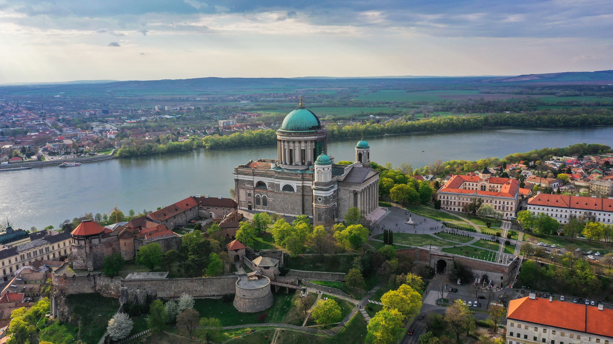 Photo of aerial view of Esztergom basilica in spring, Hungary.