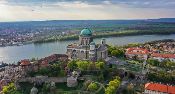 Photo of aerial view of Esztergom basilica in spring, Hungary.