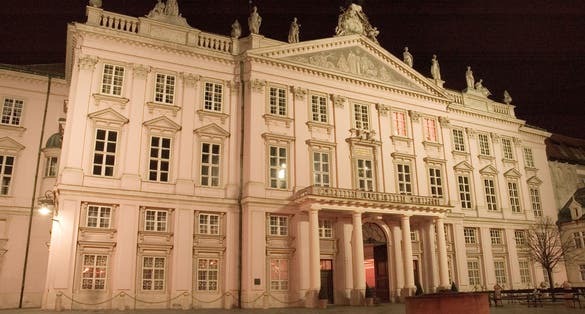 Photo of Bratislava in the night. The Primate's Palace is a neo-Classical palace in Bratislava's Old Town.