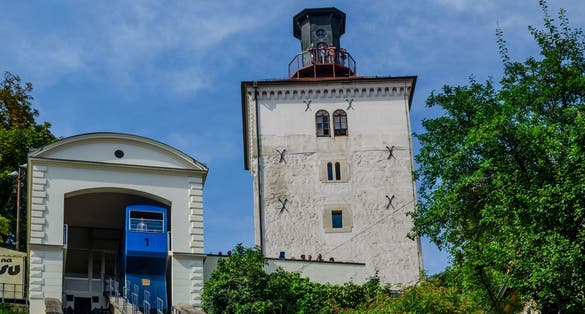Photo of famous Lotrscak Tower in the old historic upper town of Zagreb, Croatia.