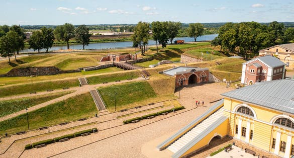 Aerial photo from drone to Daugavpils fortress and Daugavpils Mark Rothko Art Centre on a beautiful sunny summer day. Daugavpils, Latvia, Latgale, Europe