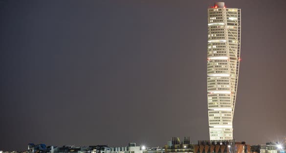 photo of Turning Torso at night in Malmo, Sweden.