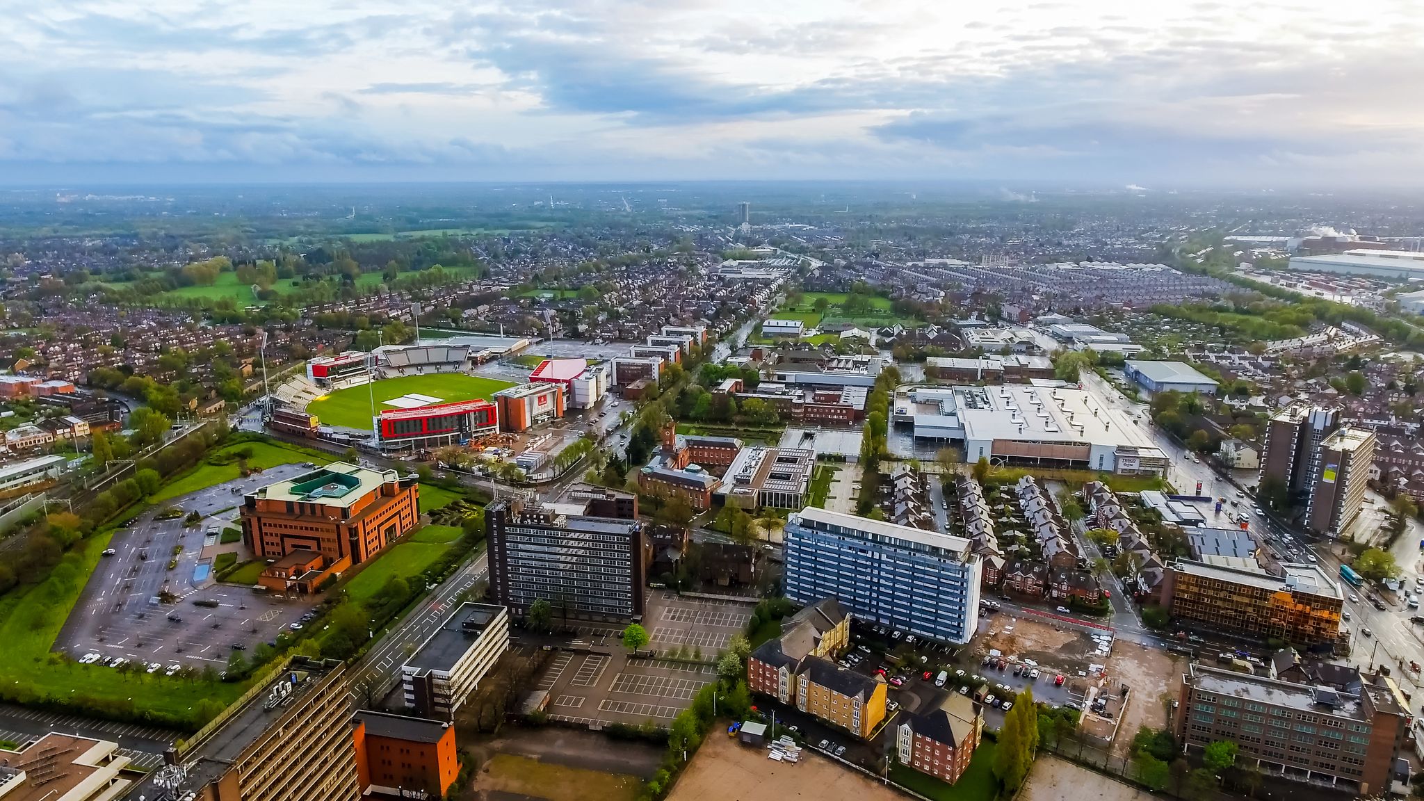 Photo of aerial view of Old Trafford cricket ground in Manchester, UK.
