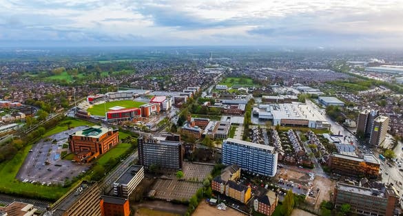 Photo of aerial view of Old Trafford cricket ground in Manchester, UK.