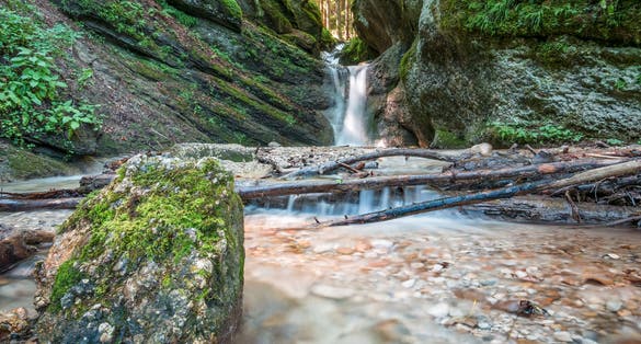 Waterfall near the Seven ladders canyon in Piatra Mare (Big Rock)mountains, Romania.