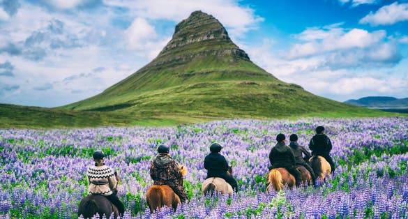 photo of Tourist ride horse at Kirkjufell mountain landscape and waterfall in Iceland summer. Kirjufell is the beautiful landmark and the most photographed destination which attracts people to visit Iceland.c,Grundarfjörður iceland.