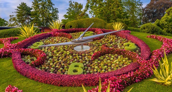 Photo of Flower Clock at Geneva Switzerland's lakefront in summer day, Switzerland.