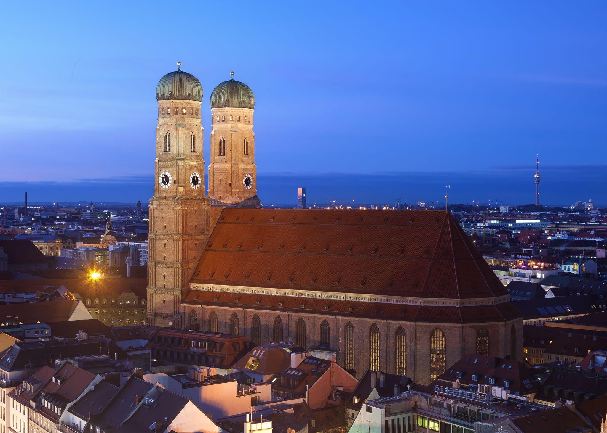 Illuminated Frauenkirche in the evening