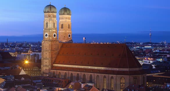 Illuminated Frauenkirche in the evening