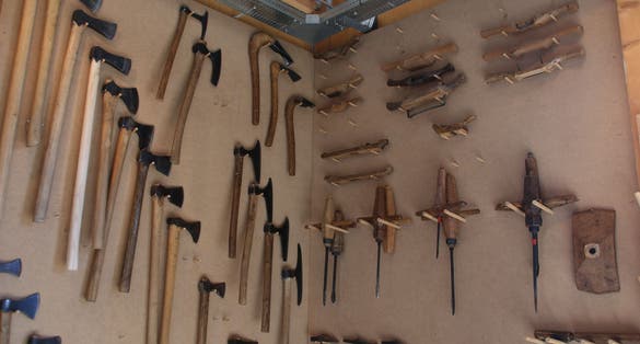 Photo of traditional Shipwrights tools on display at Viking Ship Museum in Roskilde, Denmark.