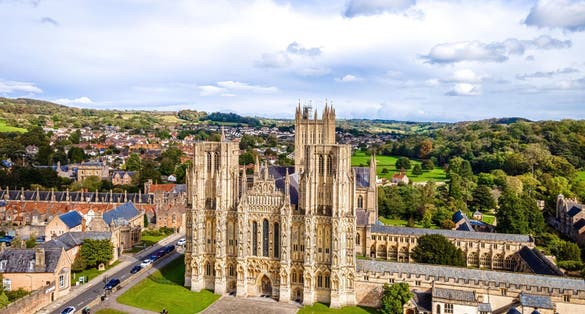 Photo of aerial view of Wells Cathedral is in Wells, Somerset, England, UK.