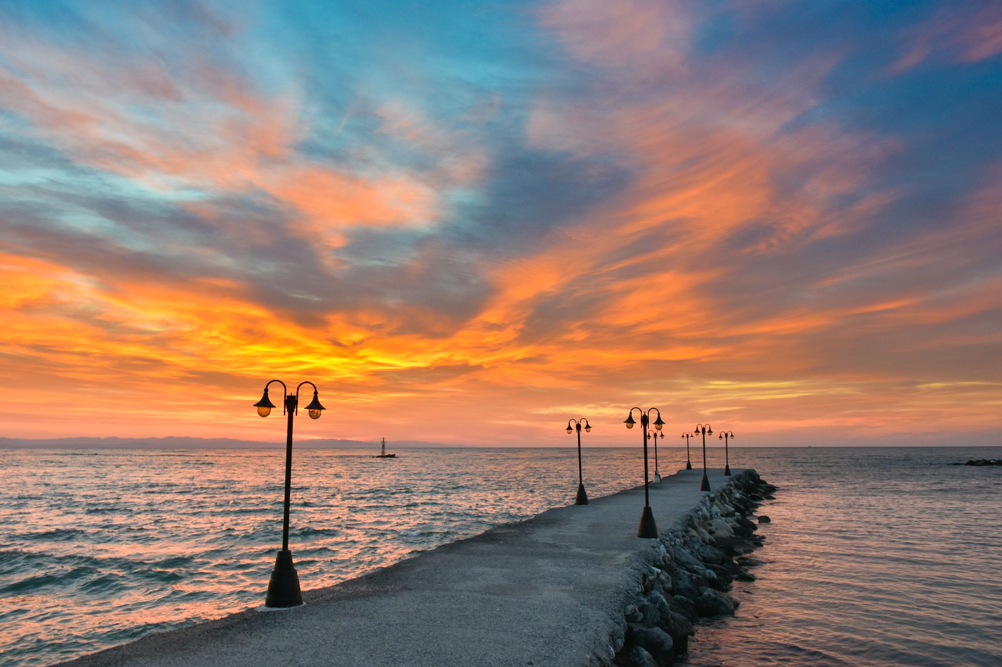 Paralia Katerini beach at sunrise. Greek summer sunrise at the sea. 