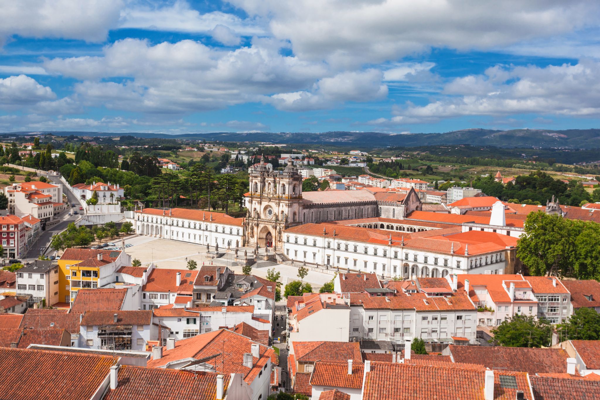 Photo of aerial view of Alcobaca Monastery and the city in Alcobaca, Portugal.