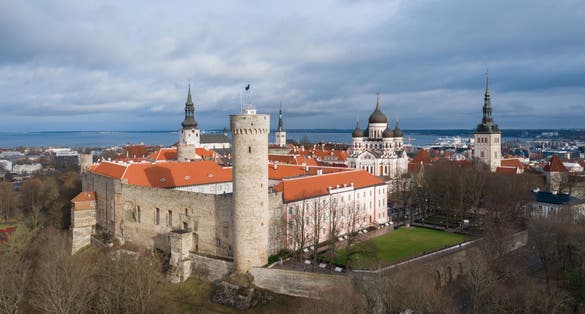 Photo of aerial view of Tall Hermann tower and Parliament building, Tallinn, Estonia.