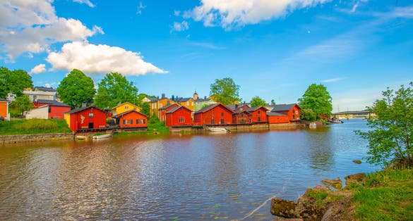 Old town of Porvoo, Finland. Beautiful city landscape with idyllic river and old buildings in Porvoo
