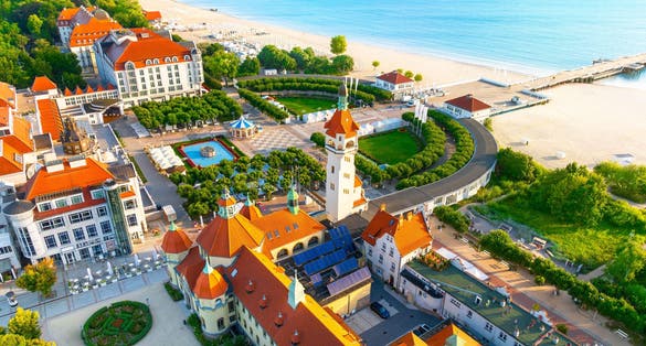 Sunny landscape of the resort town of Sopot and Molo - pier on the Baltic Sea. Poland
