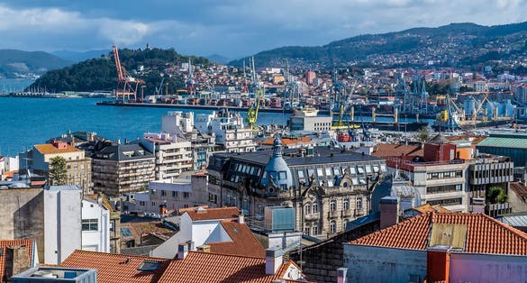 Photo of A view from the ramparts of the castle of San Sabastian above Vigo, Spain on a spring day.