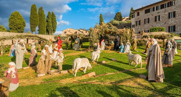 Christmas in Assisi, Saint Francis Basilica with the Christmas Crib. Province of Perugia, Umbria, Italy.