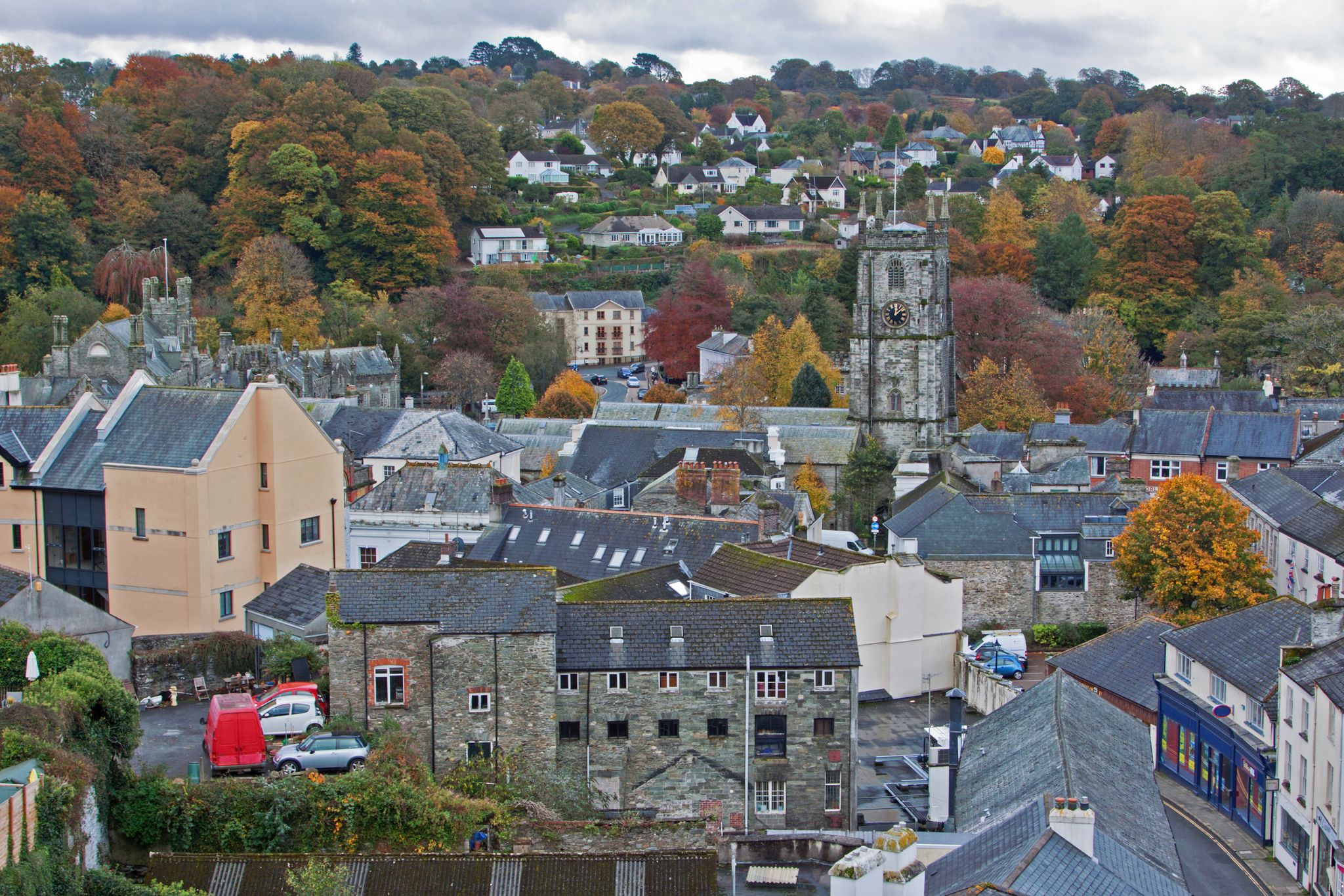 Photo of the market town of Tavistock in south Devon in autumn in UK.