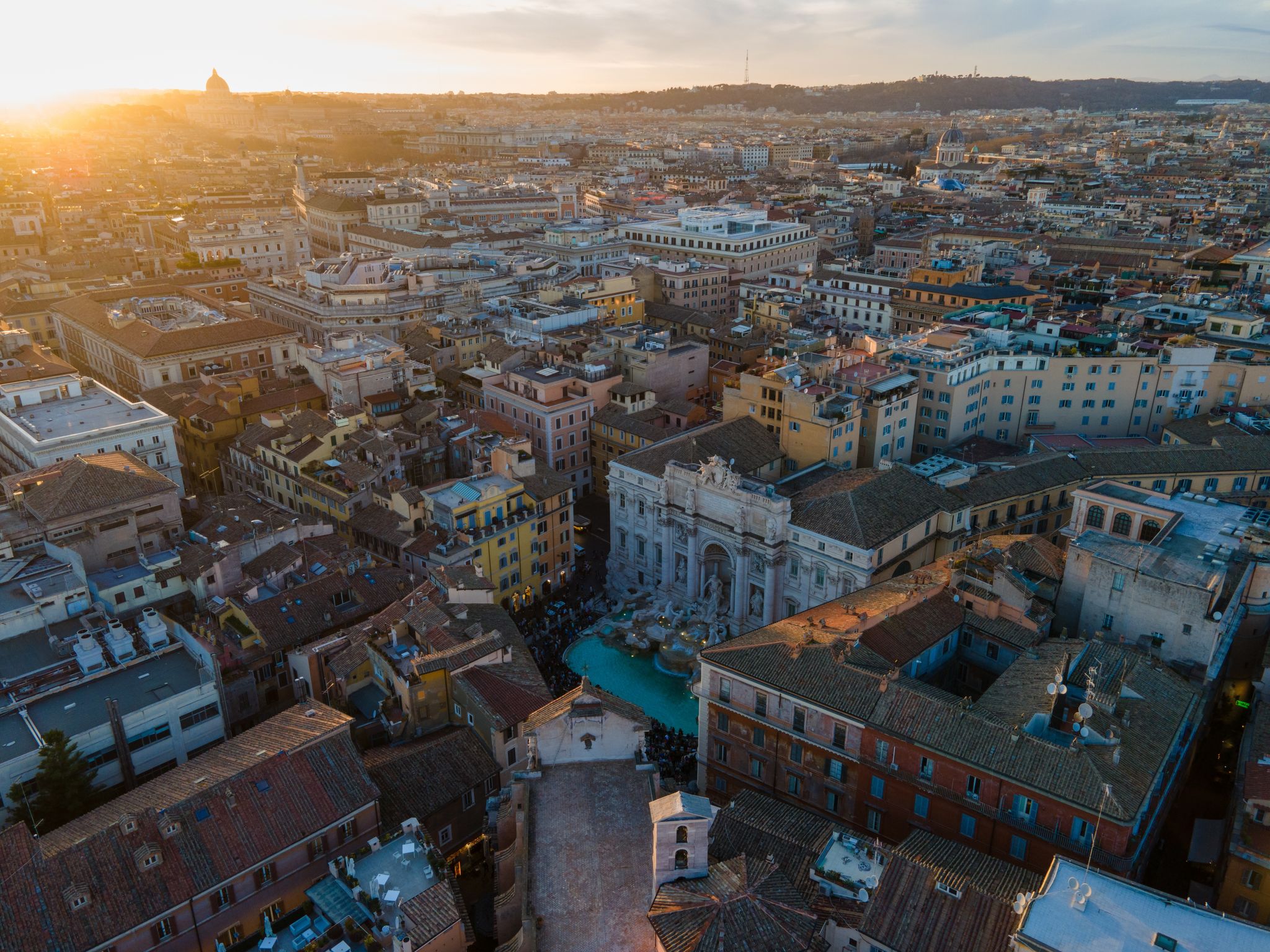 photo of aerial view of trevi fountain at sunset, Rome.