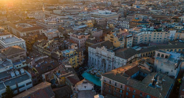 photo of aerial view of trevi fountain at sunset, Rome.