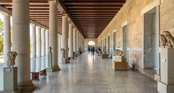 Photo of Covered walkway of reconstructed Stoa of Attalos in the ancient Agora of Athens archaeological area