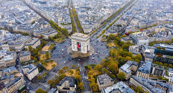 Photo of aerial view of Arc de Triomphe, Paris, France.