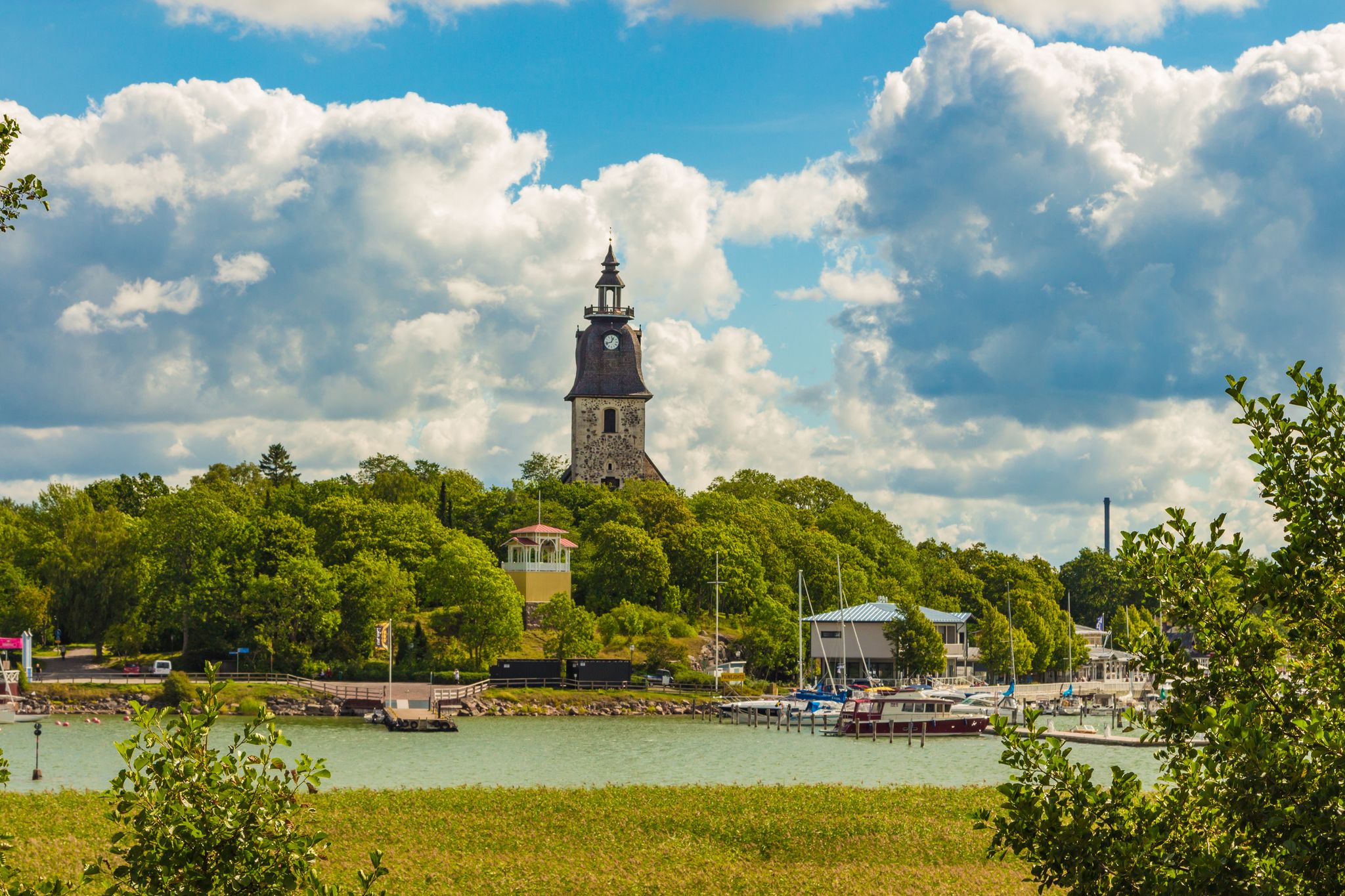 Photo of aerial view of Naantali Church, one of oldest churches in Naantali, Finland.