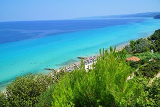 Photo of aerial view of beautiful Afytos beach in Chalkidiki in Greece.