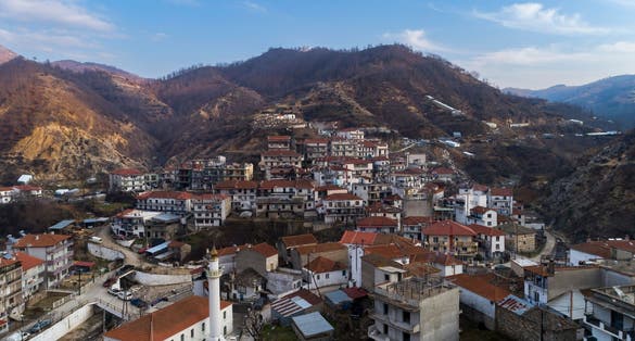 photo of aerial view of Myki, village in the prefecture of Xanthi, Greece. It belongs to the group of villages of the prefecture with Muslim population, which are more often called Pomakochoria.
