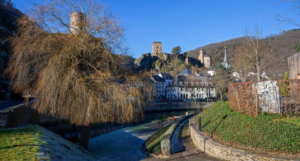 Europe, Luxembourg, Diekirch, Esch-sur-Sure, Footpath along the River Sauer looking towards the Town Centre