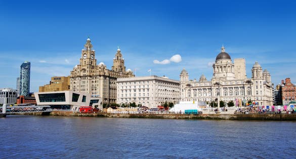 Photo of Liverpool waterfront with river Mersey and three graces.
