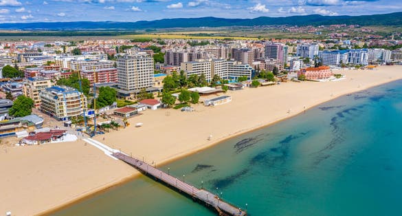 Photo of panoramic aerial view of beautiful Sunny Beach in Nesebar, Bulgaria.