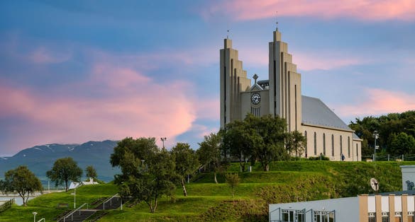 photo of view of Akureyrarkirkja Lutheran Church This is an important and popular landmark of Akureyri city in Northern Iceland.