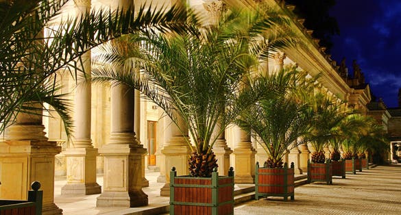 Photo of Mill Colonnade is a large colonnade at night containing several hot springs in the spa town of Karlovy Vary, Czech republic.