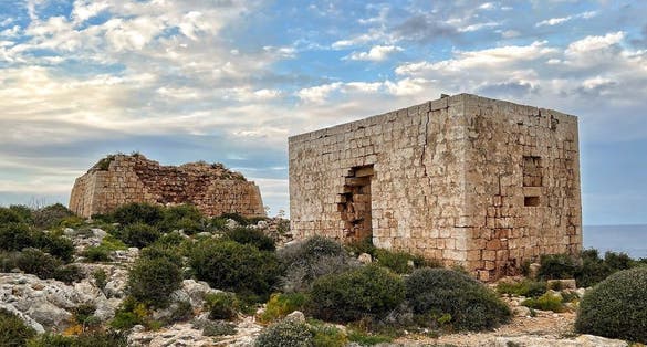 Ghajn Hadid Tower, South Western side, photo taken from the immediate South Western base of the tower.