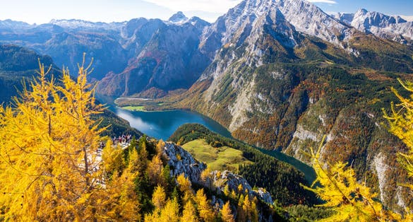 Photo of view on Watzmann mountain and Königssee lake from Jenner mountain in Berchtesgaden National Park during autumn, Bavarian Alps, Germany .