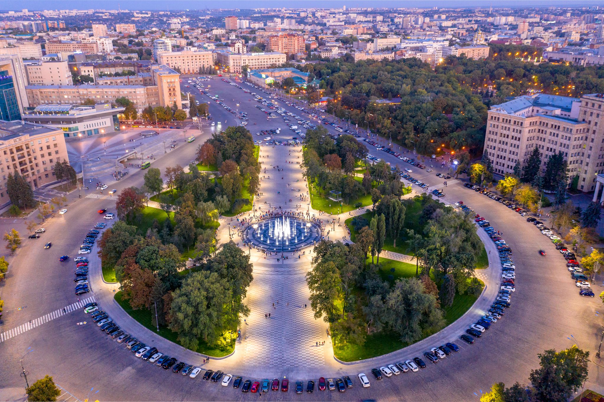 Photo of aerial view of the largest "dry" fountain in Ukraine.